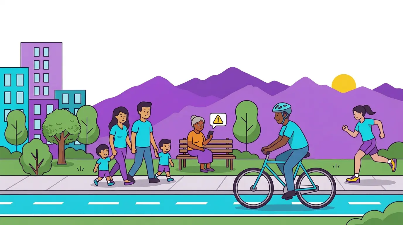 Illustration of a diverse Colorado community taking simple steps for better air quality, with people walking, biking, jogging, and checking air quality alerts along a Front Range neighborhood path