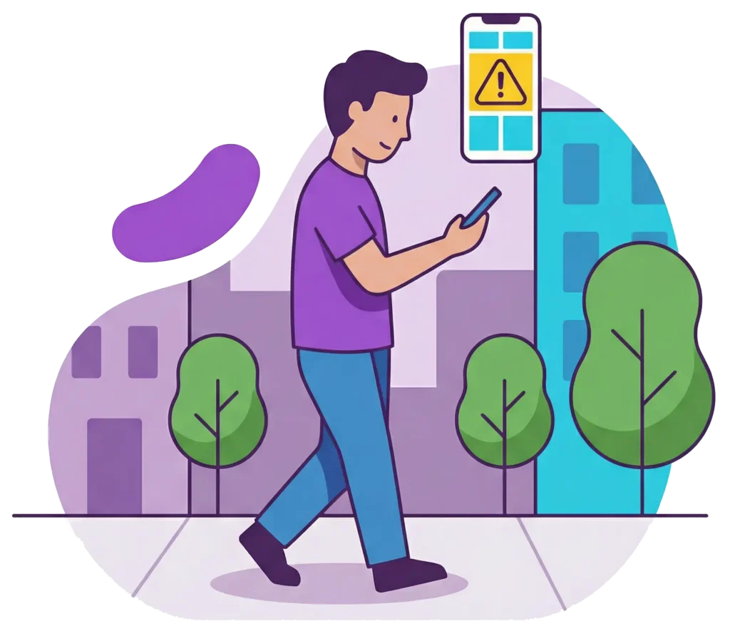 Illustration of a man walking through a city while checking an air quality alert on his phone, reminding residents to protect your health by monitoring ozone levels