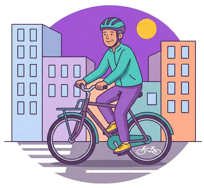Illustration of a man wearing a helmet and riding a bike through a city bike lane, choosing cycling instead of driving to help reduce air pollution