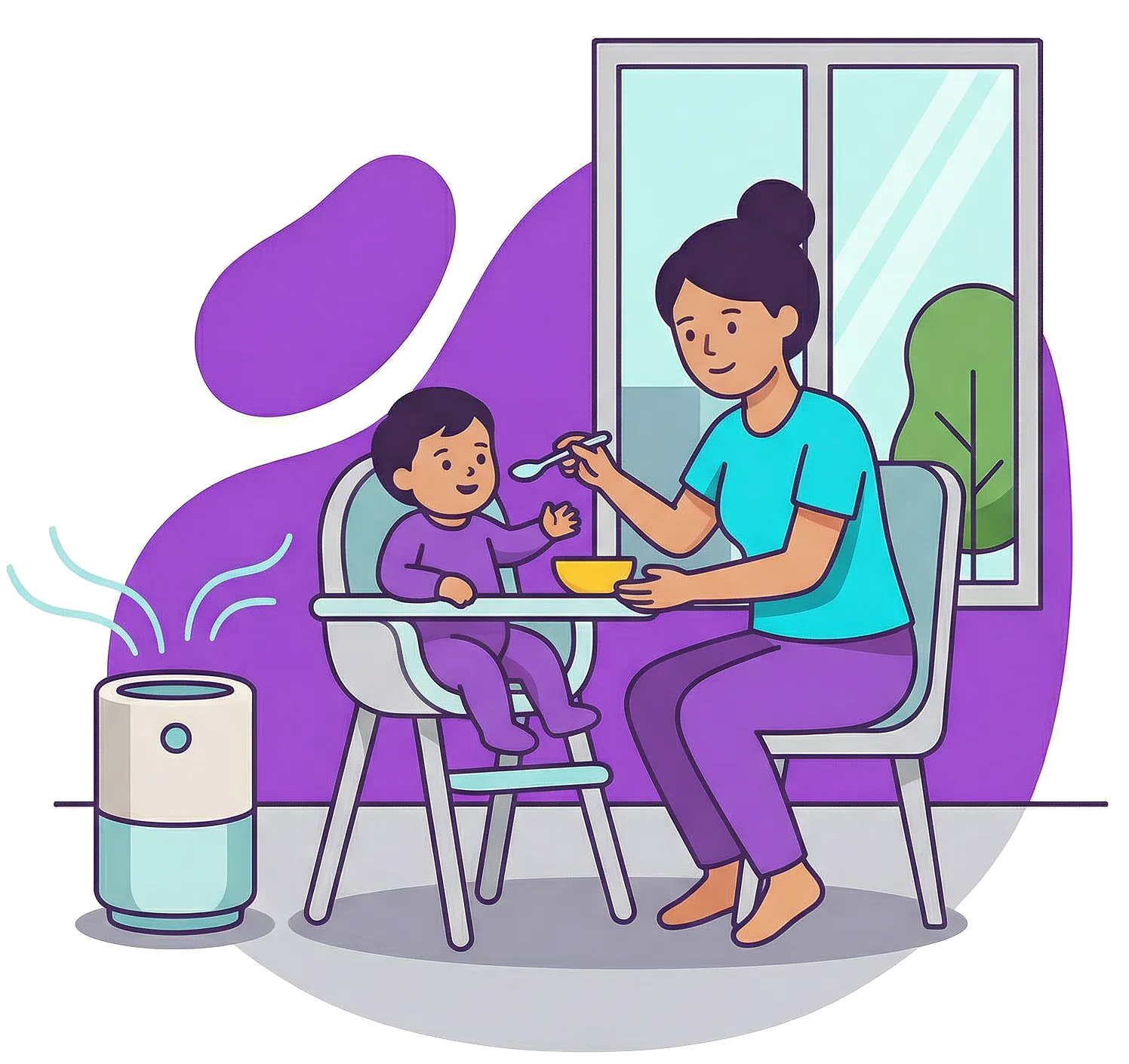 Illustration of a parent feeding a baby in a high chair while a portable air filter runs nearby, showing how to use an air filter to protect indoor air quality at home