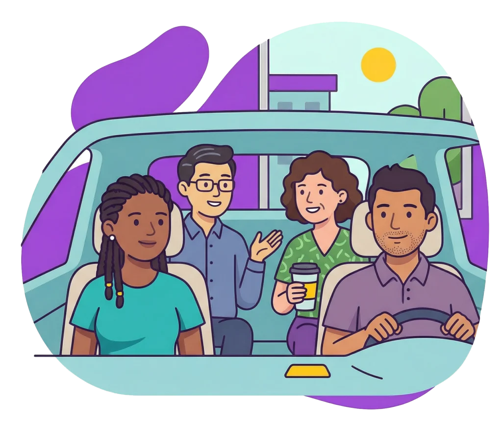 Illustration of four friends sharing a carpool ride together, chatting and holding coffee while driving through a neighborhood