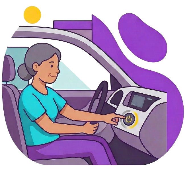 Illustration of a woman turning off her car engine by pressing the start-stop button, promoting the reminder to don't idle the car while parked