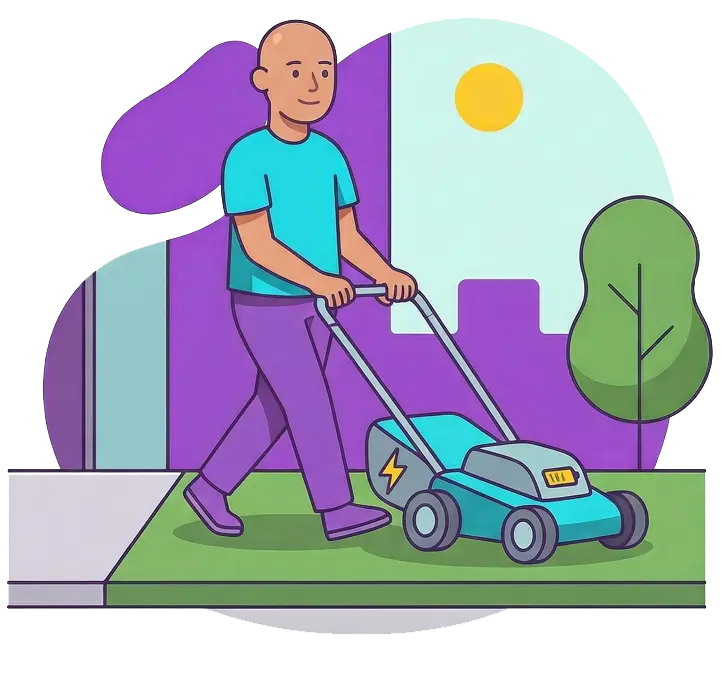 Illustration of a man mowing his lawn with electric lawn and garden equipment, featuring a battery-powered mower with a lightning bolt symbol