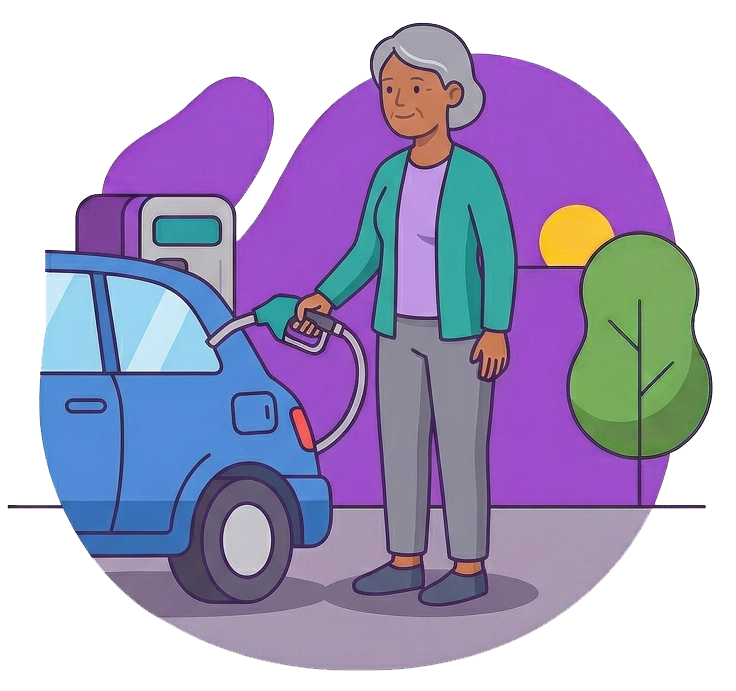 Illustration of a woman pumping gas into a blue car at a gas station during the evening, encouraging drivers to fill after 5 PM to reduce ozone pollution