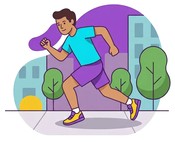 Illustration of a man jogging through a city neighborhood with trees and buildings, promoting ways to exercise outside during low ozone hours