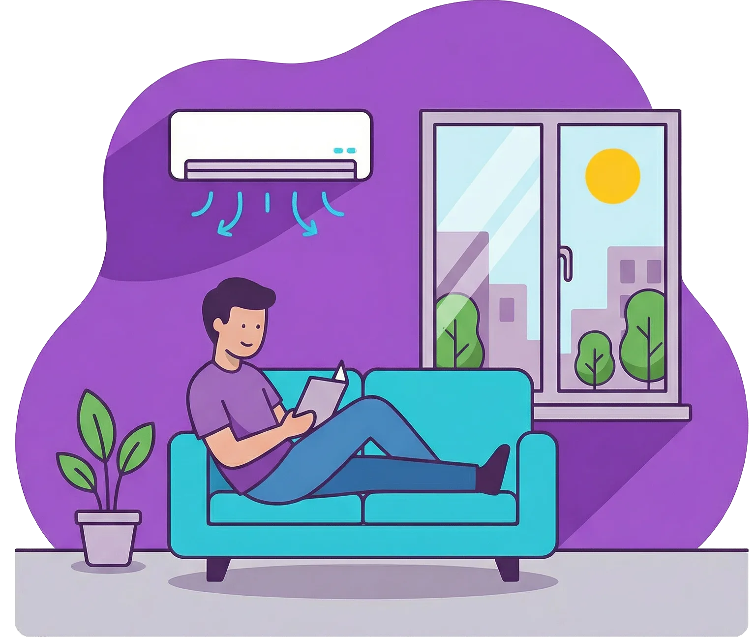 Illustration of a man reading a book on a couch under an air conditioning unit on a sunny day, encouraging people to stay inside when ozone levels are high