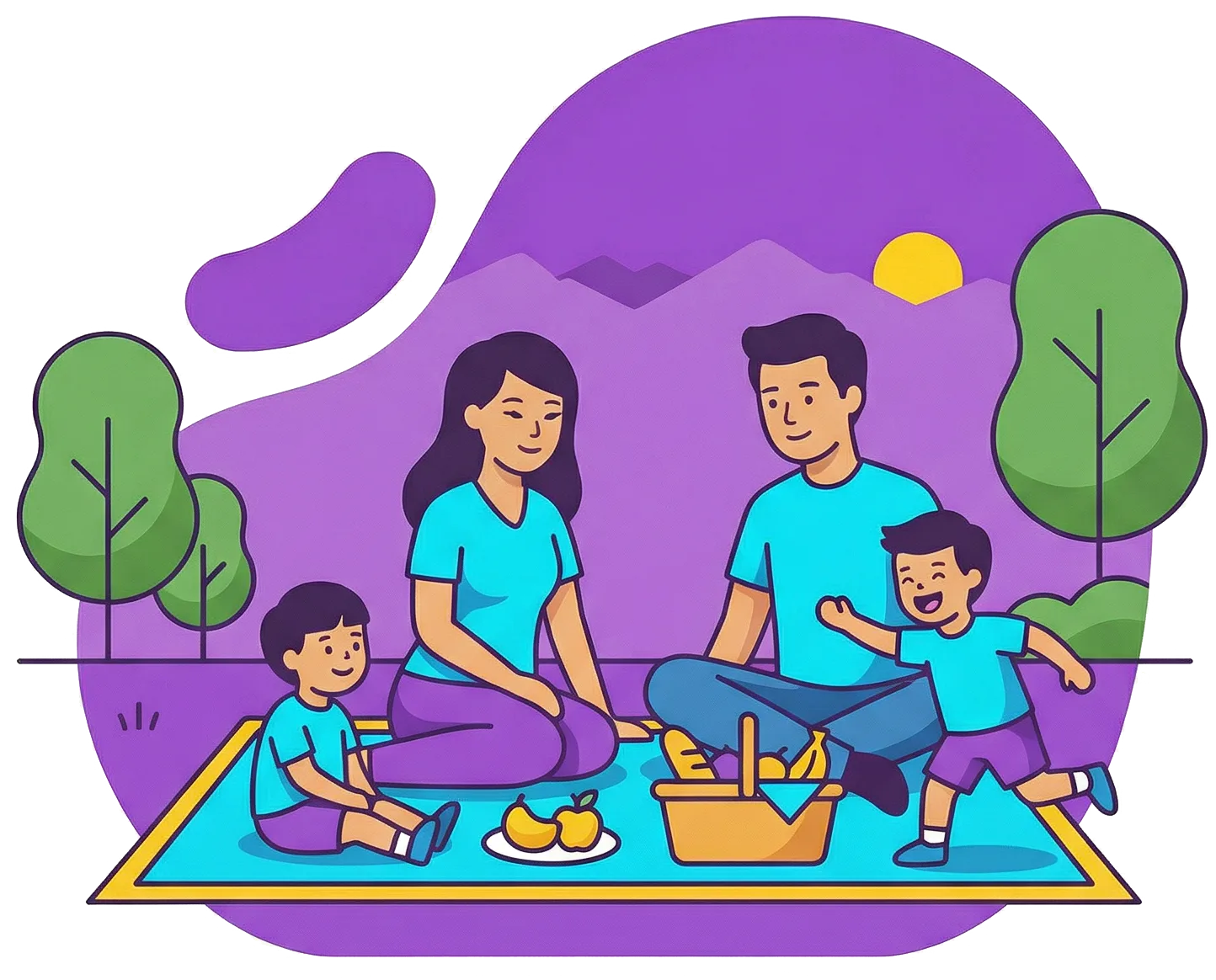 Illustration of a family having a picnic at sunset near the mountains, encouraging people to chase the sunset by enjoying outdoor activities in the evening hours