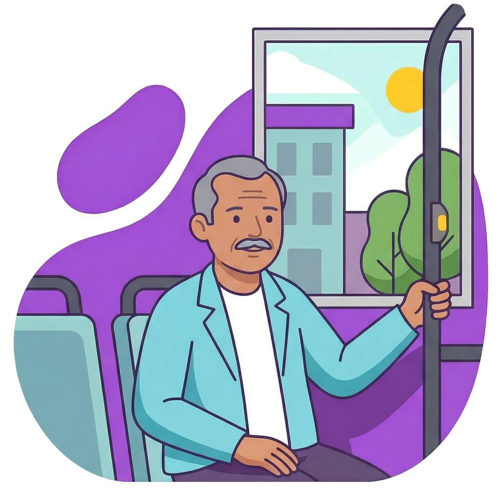 Illustration of a man holding a handrail while riding a city bus, encouraging commuters to take public transportation to improve air quality