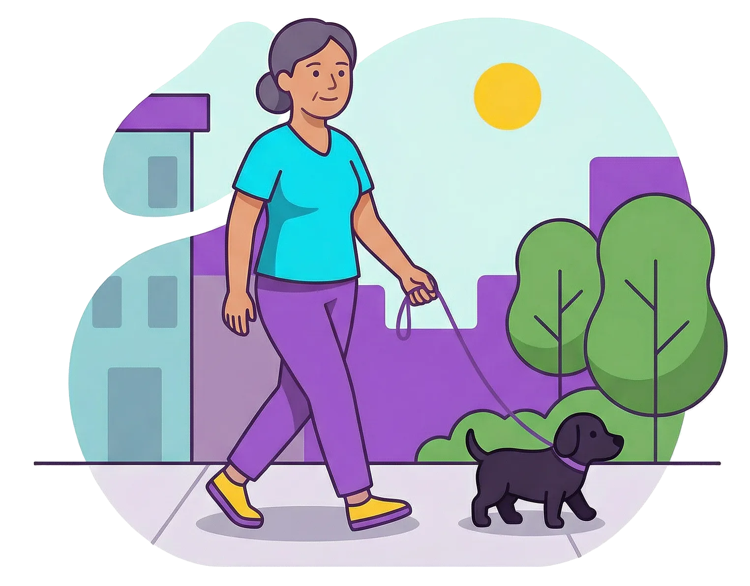 Illustration of a woman taking a leisurely walk with her dog through a sunny neighborhood, reminding residents to take it easy outdoors during high ozone hours