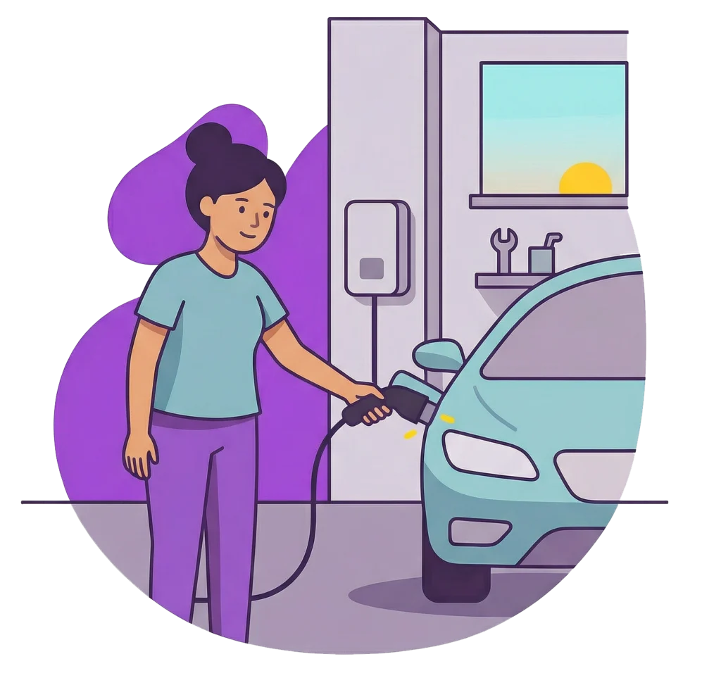 Illustration of a woman charging an electric vehicle at a home garage charging station, representing ways to upgrade your vehicle for better air quality