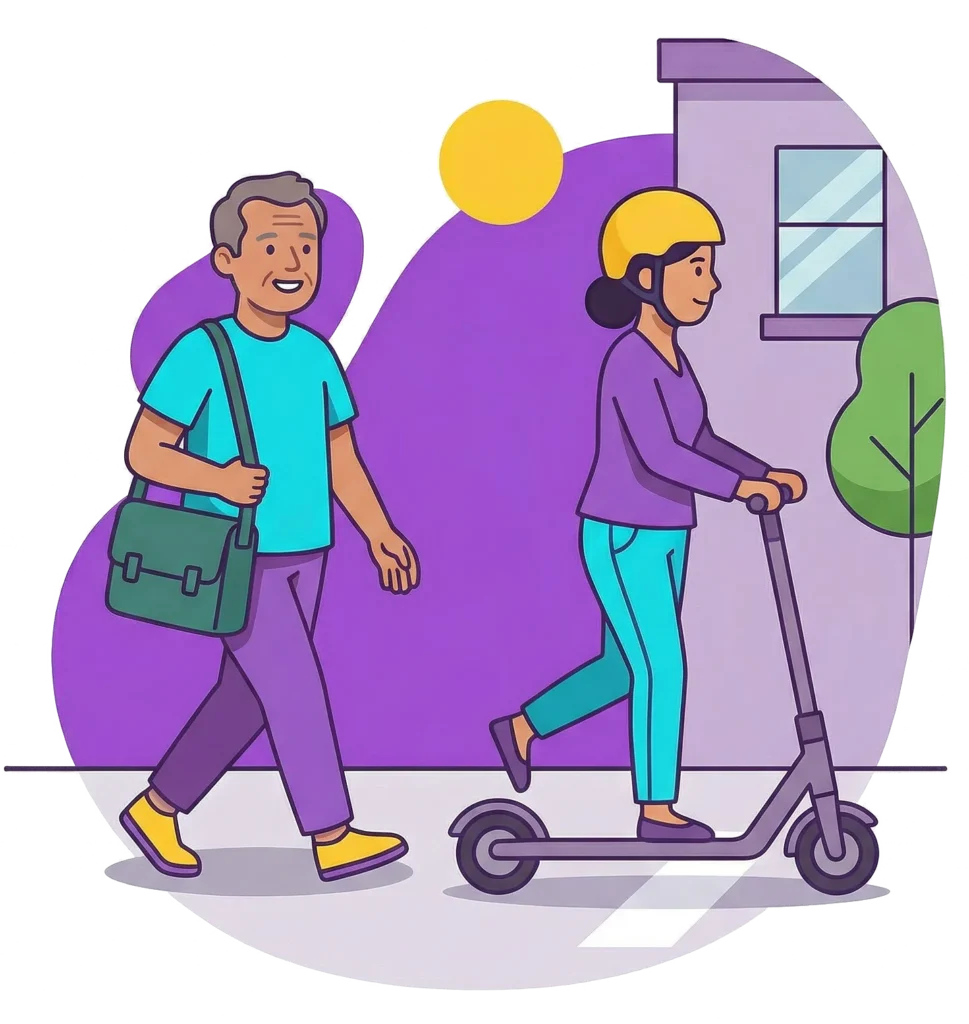 Illustration of a man walking with a messenger bag and a woman riding an electric scooter with a helmet, showing ways to walk, bike, scoot instead of driving