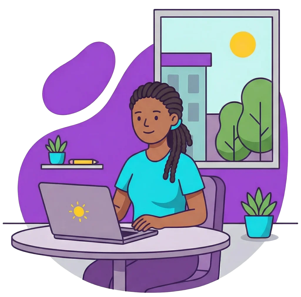 Illustration of a woman using a laptop to work from home at her desk, surrounded by houseplants with a sunny city view through the window
